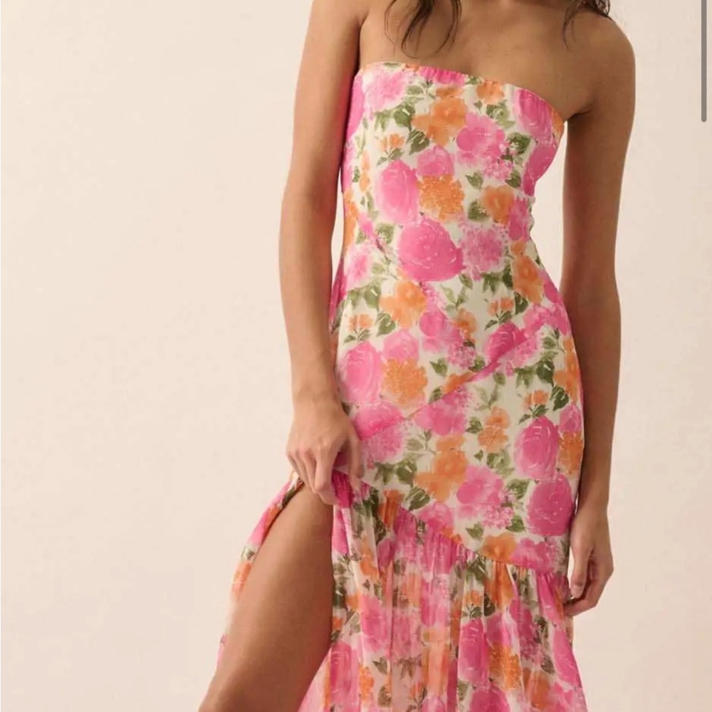 Strapless Pink & Orange Floral Maxi Dress with Side Slit